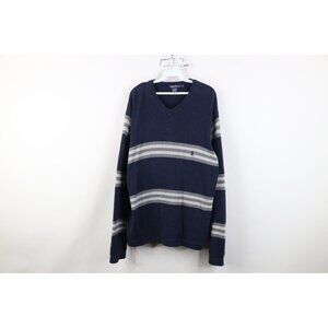Vintage 90s Nautica Mens Large Faded Heavy Cotton Knit Striped V-Neck Sweater